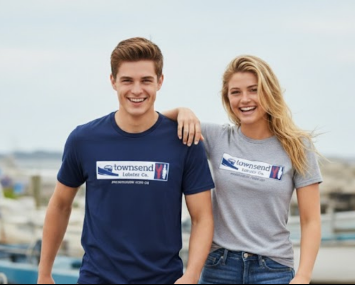 Models wearing gray and navy Townsend Lobster Co. tees